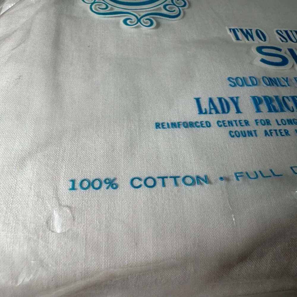 Vintage Lady Price White Cotton Bed Sheets Full Double Size Extra Length NOS NIP